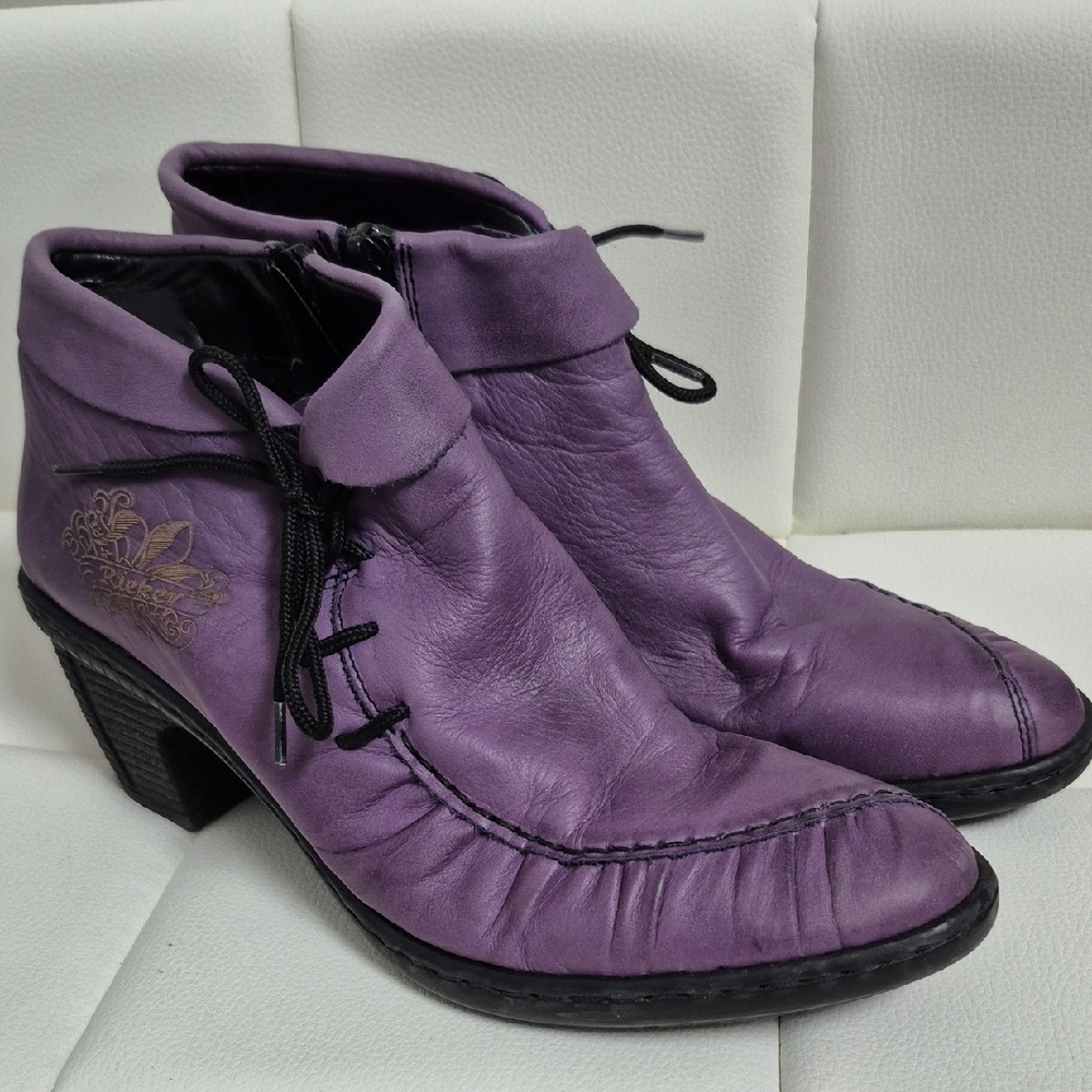 Rieker Purple Leather Ankle Booties with Lace Detail